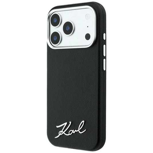 Capa MagSafe para Apple iPhone 18 Pro / 17 Pro, Karl Lagerfeld, Saffiano Small Script Metal Logo, Preta