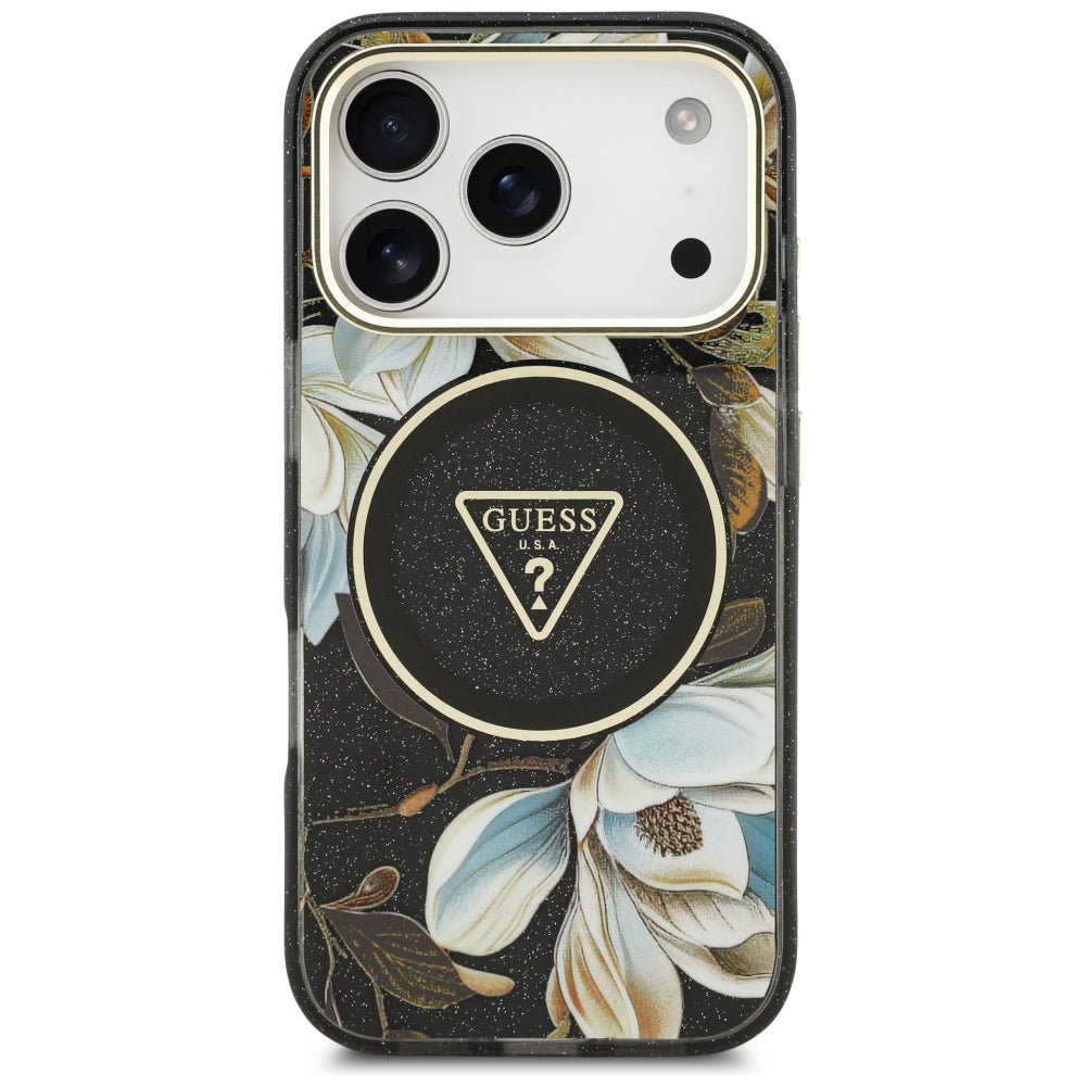 Capa MagSafe para Apple iPhone 18 Pro, Guess, IML Metal Glitter Flowers Triangle, Preta