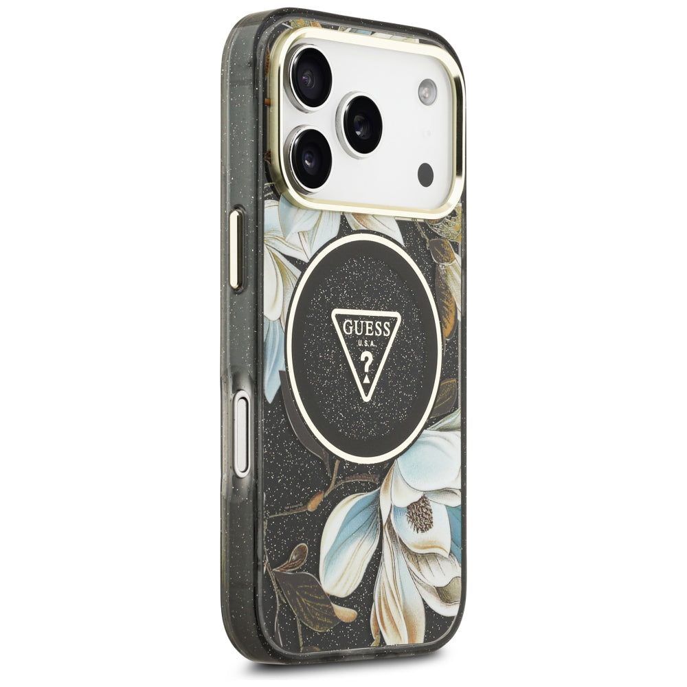 Capa MagSafe para Apple iPhone 18 Pro, Guess, IML Metal Glitter Flowers Triangle, Preta