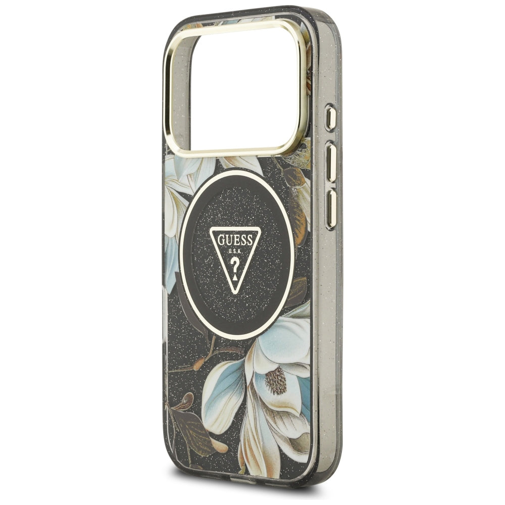 Capa MagSafe para Apple iPhone 18 Pro, Guess, IML Metal Glitter Flowers Triangle, Preta