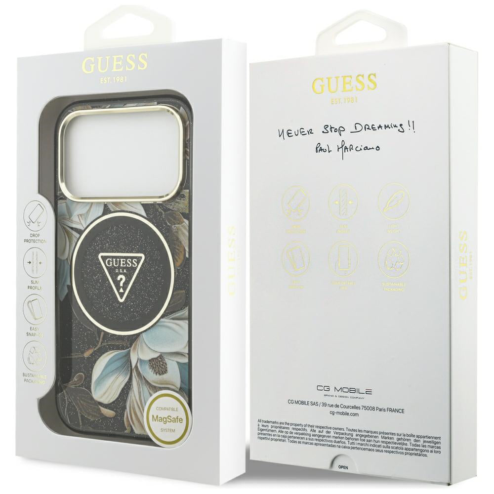 Capa MagSafe para Apple iPhone 18 Pro, Guess, IML Metal Glitter Flowers Triangle, Preta