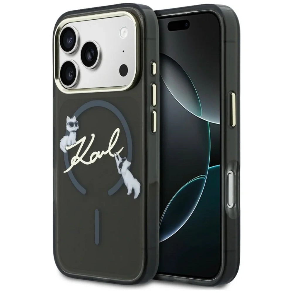 Capa MagSafe para Apple iPhone 18 Pro, Karl Lagerfeld, IML Choupette Karl Script Logo, Preta