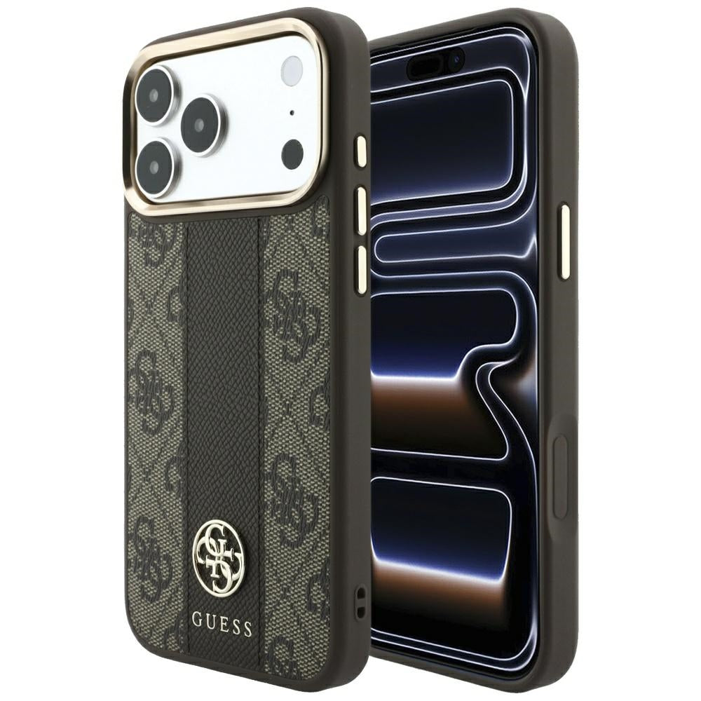 Capa MagSafe para Apple iPhone 18 Pro Max / 17 Pro Max, Guess, 4G Stripe Round Classic Logo, Castanha