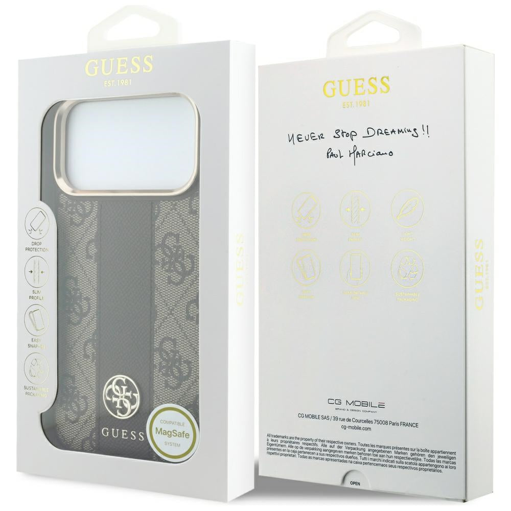 Capa MagSafe para Apple iPhone 18 Pro Max / 17 Pro Max, Guess, 4G Stripe Round Classic Logo, Castanha