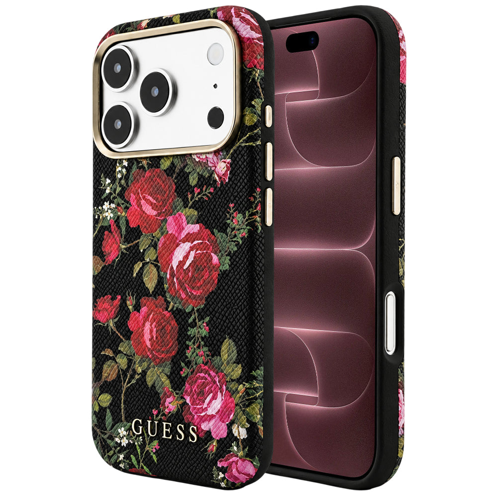 Capa MagSafe para Apple iPhone 18 Pro Max / 17 Pro Max, Guess, Blossom Roses Print, Preta