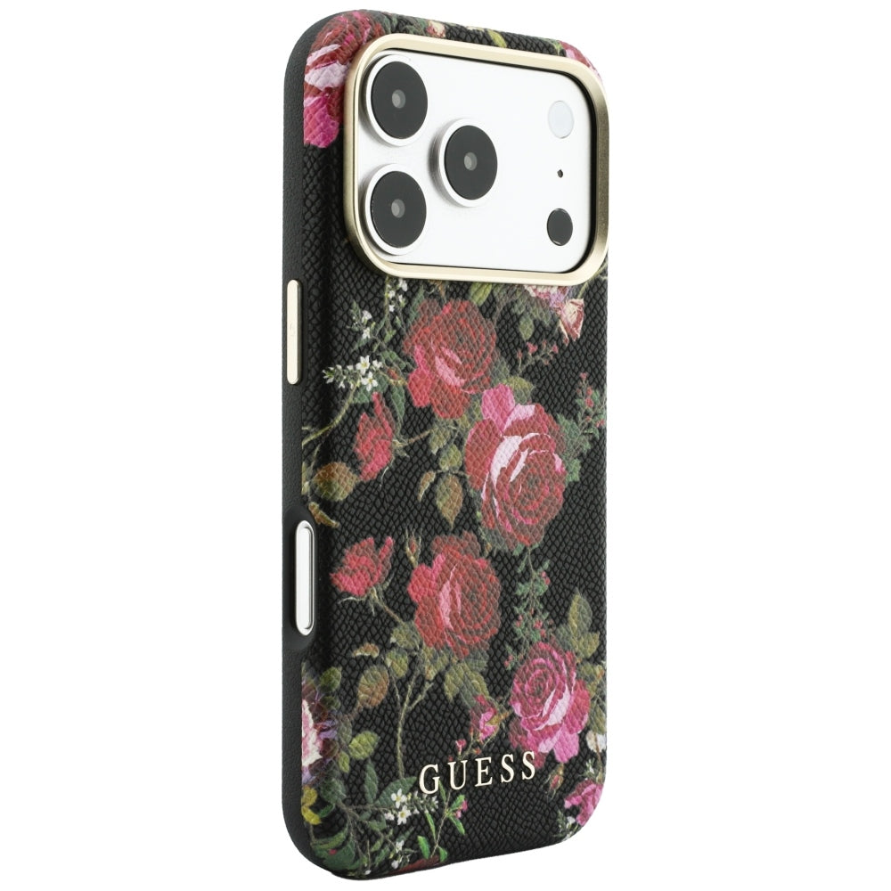 Capa MagSafe para Apple iPhone 18 Pro Max / 17 Pro Max, Guess, Blossom Roses Print, Preta