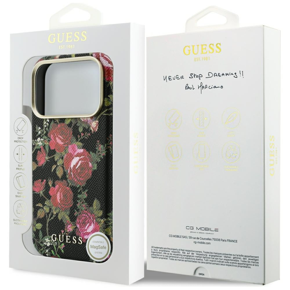 Capa MagSafe para Apple iPhone 18 Pro Max / 17 Pro Max, Guess, Blossom Roses Print, Preta