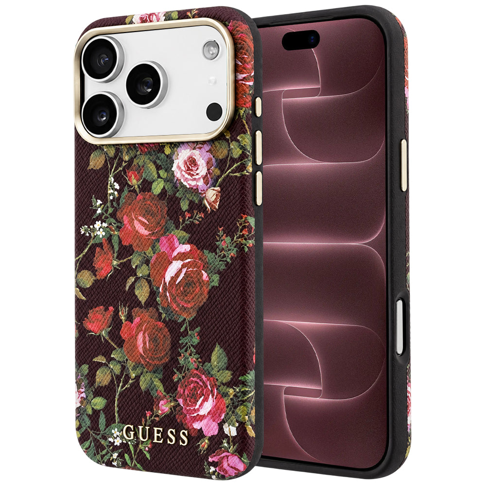 Capa MagSafe para Apple iPhone 18 Pro Max / 17 Pro Max, Guess, Blossom Roses Print, cor de vinho