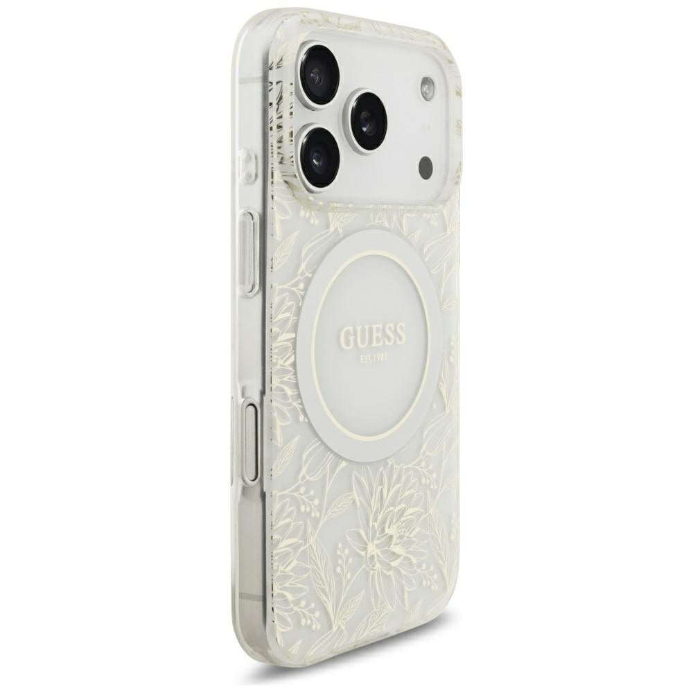 Capa MagSafe para Apple iPhone 18 Pro Max / 17 Pro Max, Guess, IML Flowers Electroplated com Alça de Pérola, Branca