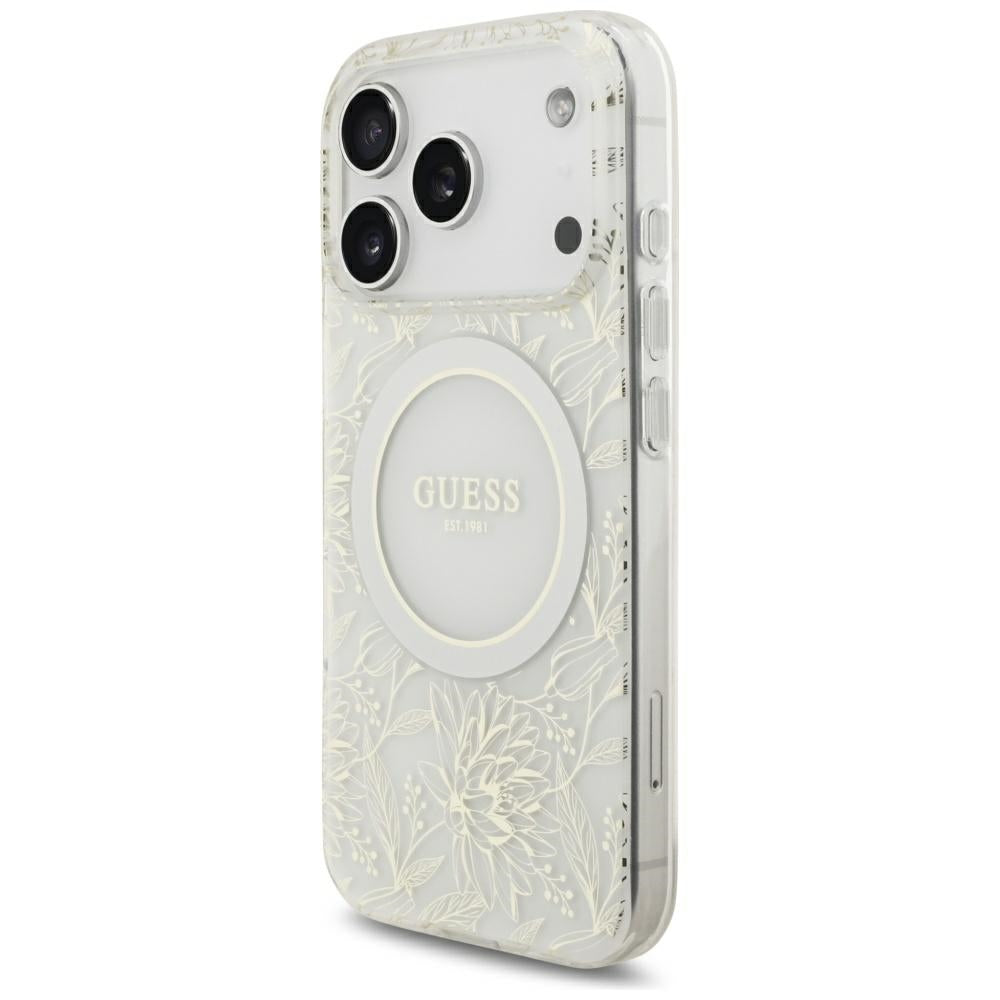 Capa MagSafe para Apple iPhone 18 Pro Max / 17 Pro Max, Guess, IML Flowers Electroplated com Alça de Pérola, Branca