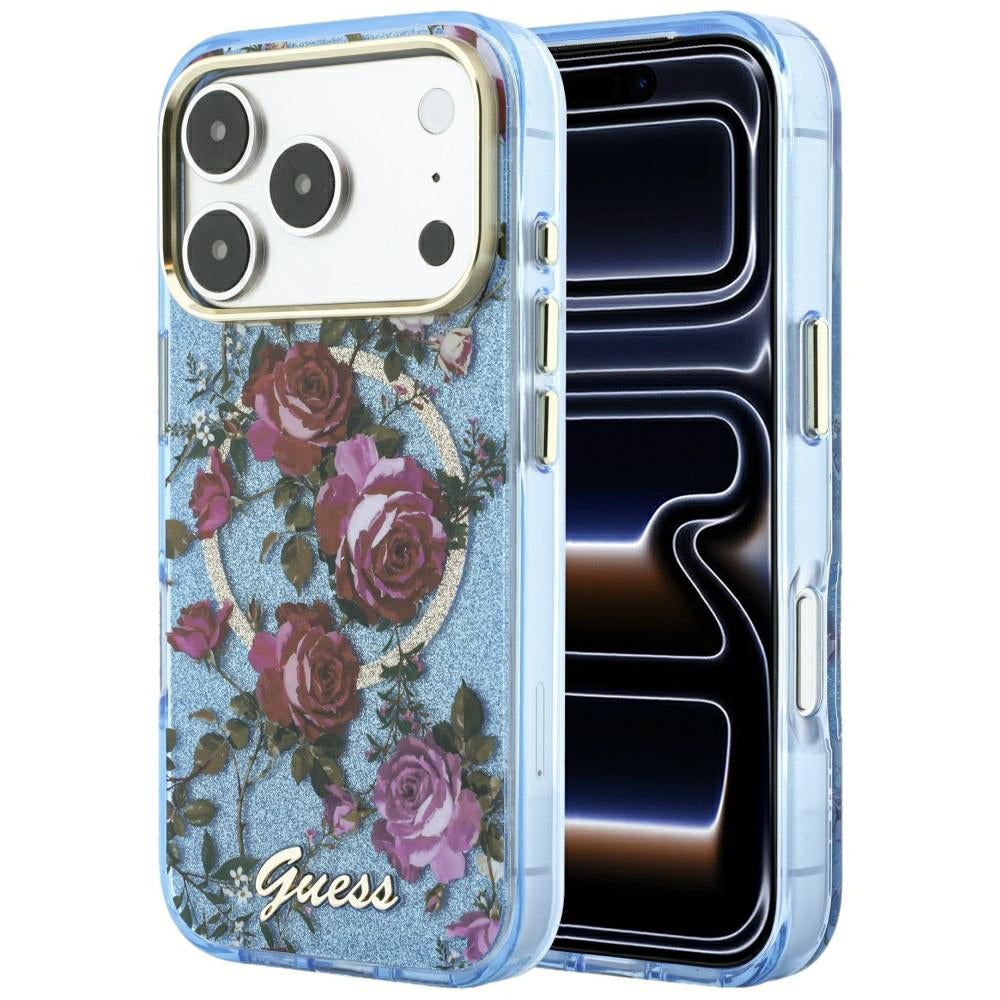 Capa MagSafe para Apple iPhone 18 Pro Max / 17 Pro Max, Guess, IML Glitter Blossom Roses, Azul