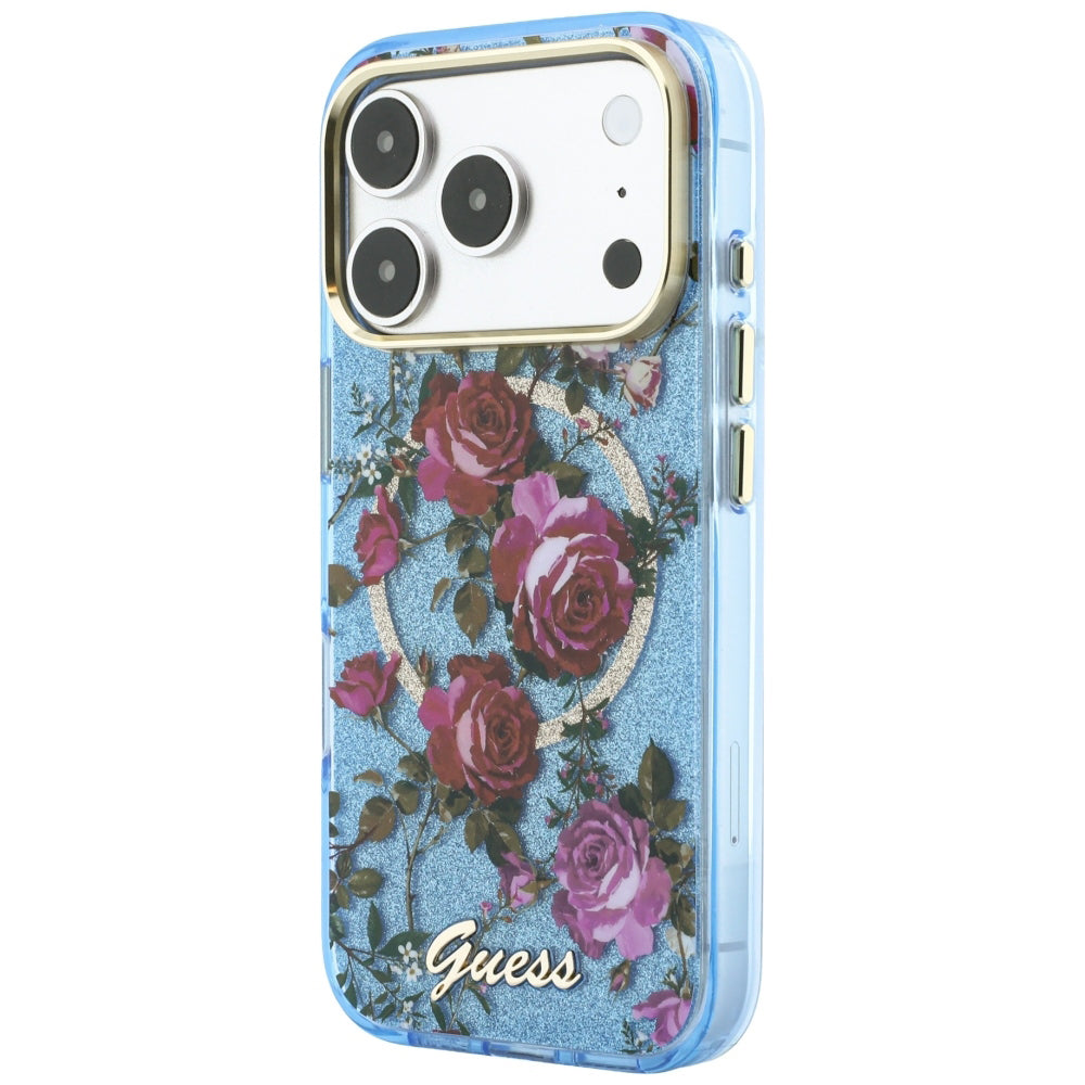 Capa MagSafe para Apple iPhone 18 Pro Max / 17 Pro Max, Guess, IML Glitter Blossom Roses, Azul