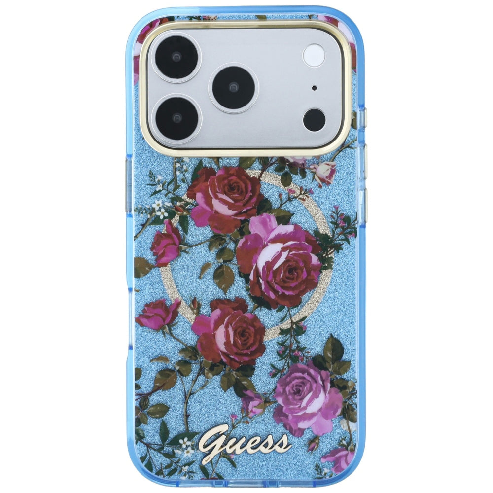 Capa MagSafe para Apple iPhone 18 Pro Max / 17 Pro Max, Guess, IML Glitter Blossom Roses, Azul