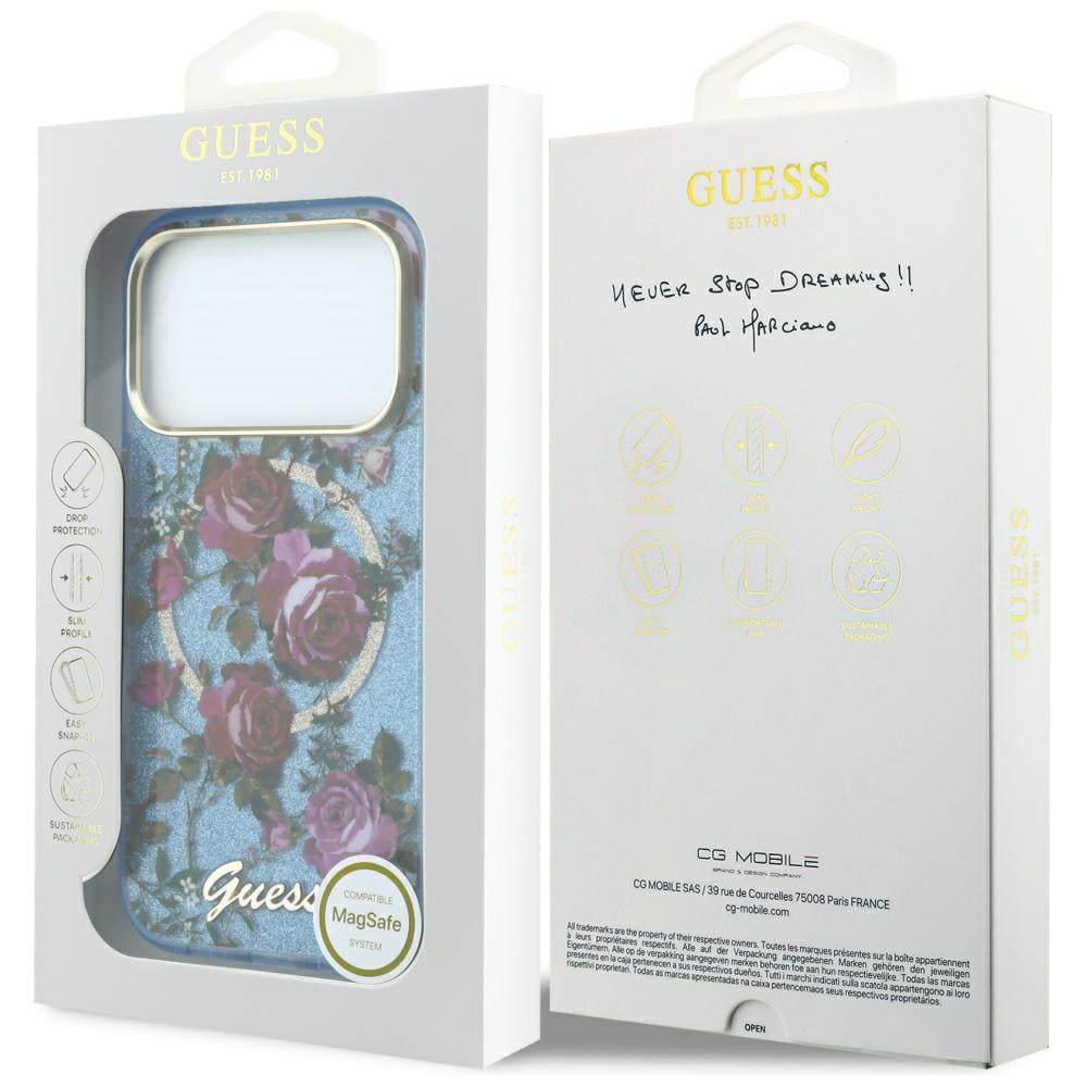 Capa MagSafe para Apple iPhone 18 Pro Max / 17 Pro Max, Guess, IML Glitter Blossom Roses, Azul