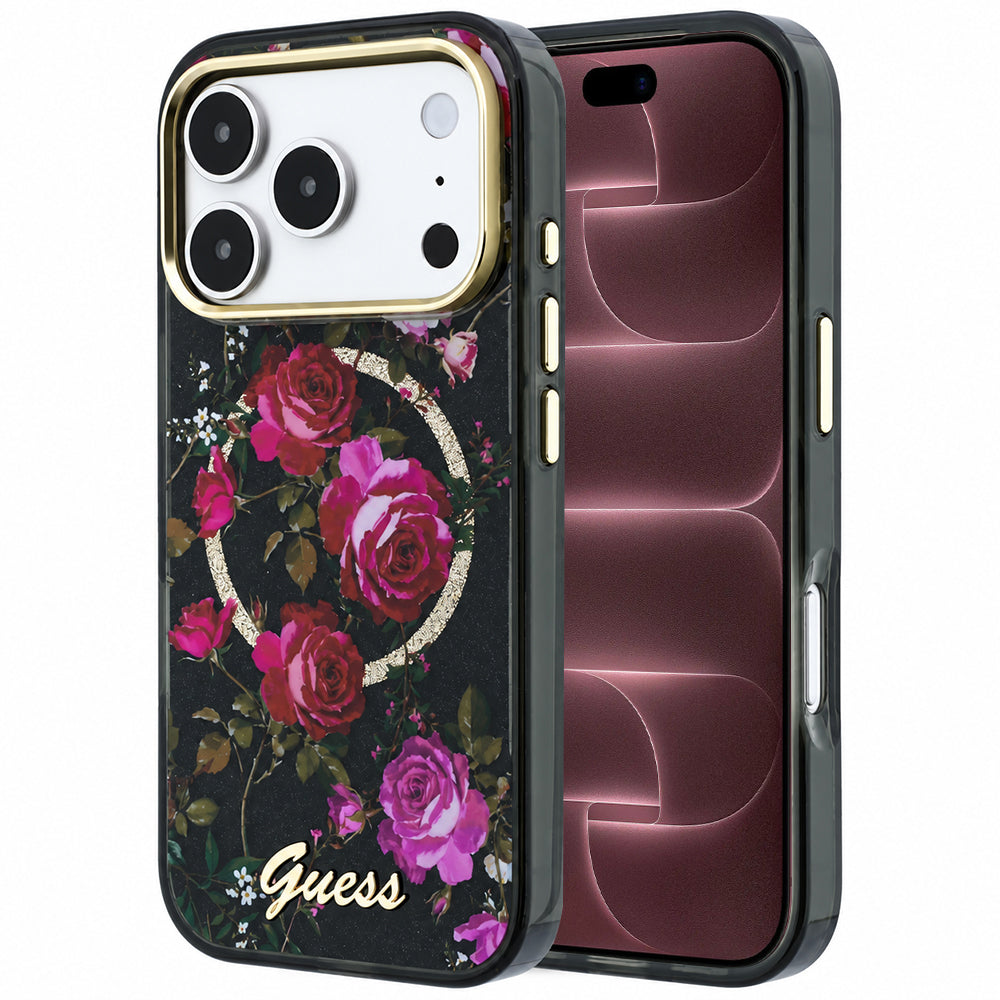 Capa MagSafe para Apple iPhone 18 Pro Max / 17 Pro Max, Guess, IML Glitter Blossom Roses, Preta