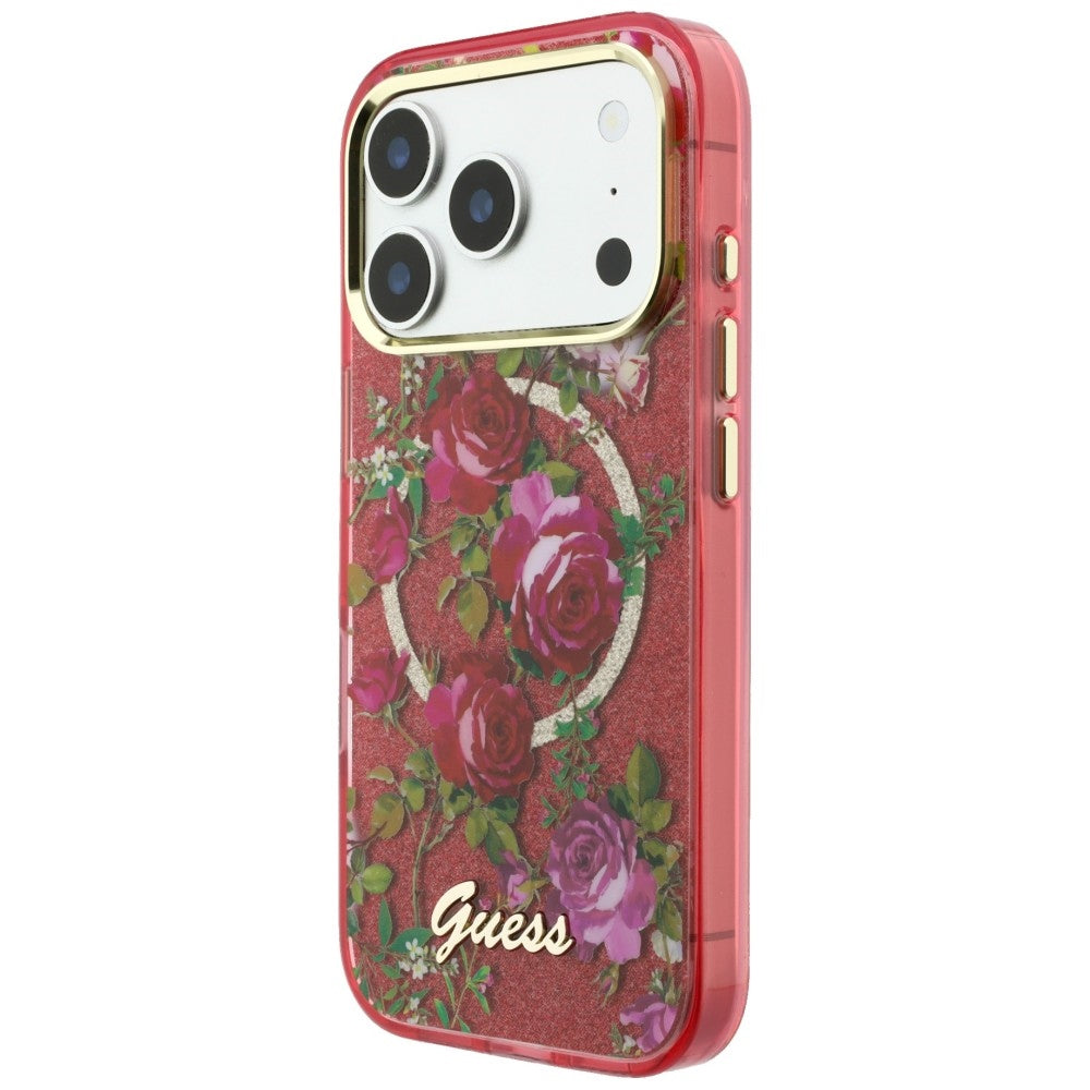 Capa MagSafe para Apple iPhone 18 Pro Max / 17 Pro Max, Guess, IML Glitter Blossom Roses, Vinho
