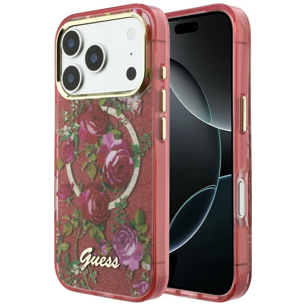 Capa MagSafe para Apple iPhone 18 Pro Max / 17 Pro Max, Guess, IML Glitter Blossom Roses, Vinho