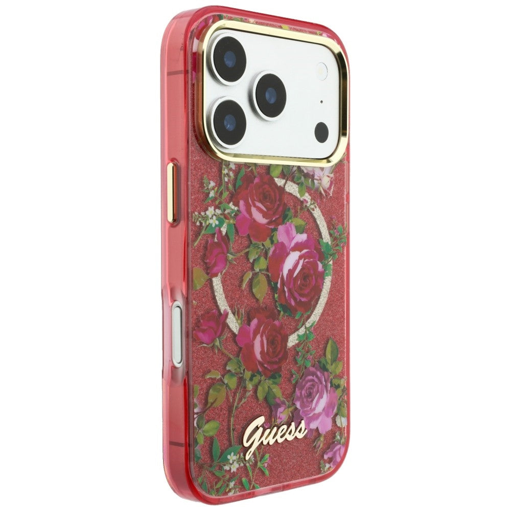 Capa MagSafe para Apple iPhone 18 Pro Max / 17 Pro Max, Guess, IML Glitter Blossom Roses, Vinho