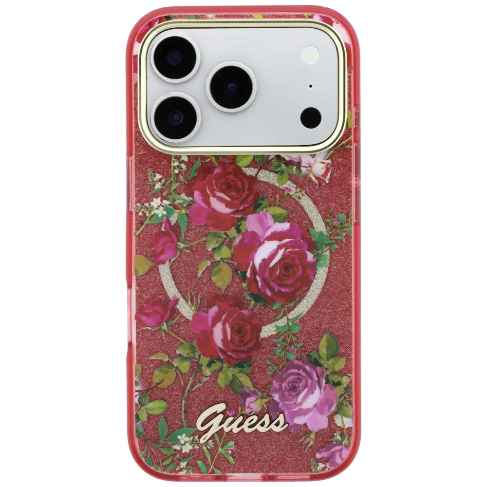 Capa MagSafe para Apple iPhone 18 Pro Max / 17 Pro Max, Guess, IML Glitter Blossom Roses, Vinho