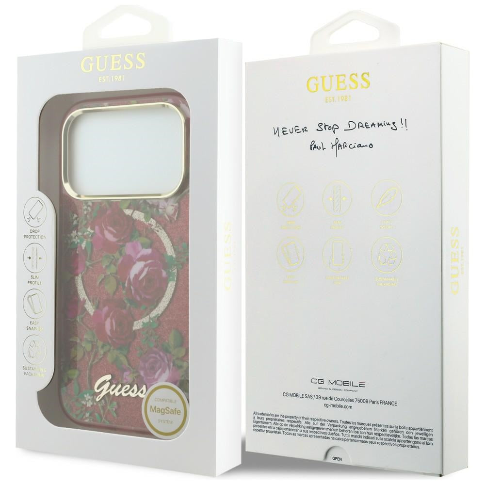 Capa MagSafe para Apple iPhone 18 Pro Max / 17 Pro Max, Guess, IML Glitter Blossom Roses, Vinho