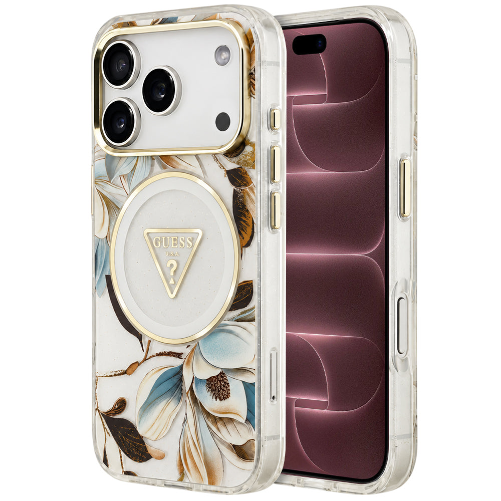Capa MagSafe para Apple iPhone 18 Pro Max / 17 Pro Max, Guess, IML Metal Glitter Flowers Triangle, Branca