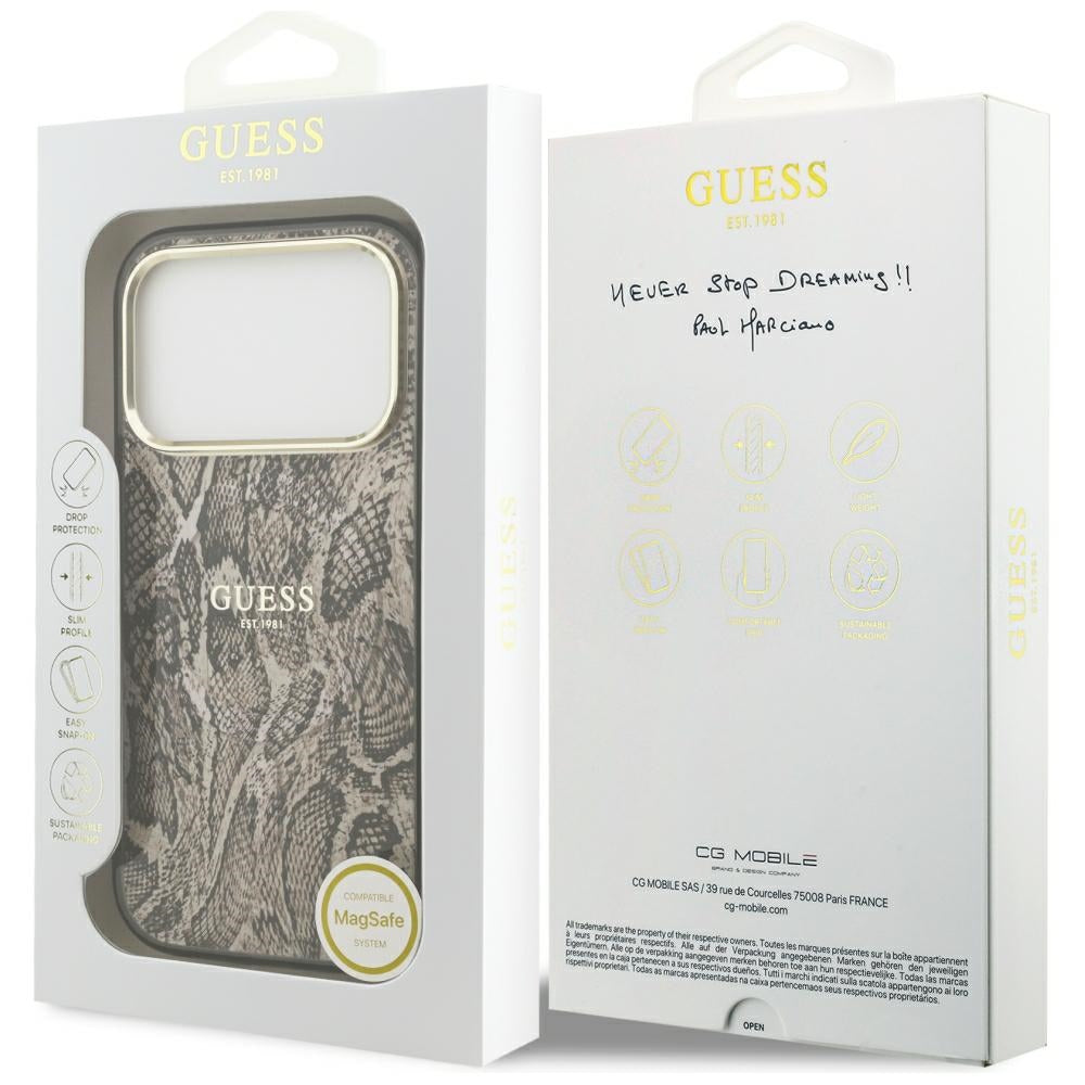 Capa MagSafe para Apple iPhone 18 Pro Max / 17 Pro Max, Guess, Padrão de Python, Castanho