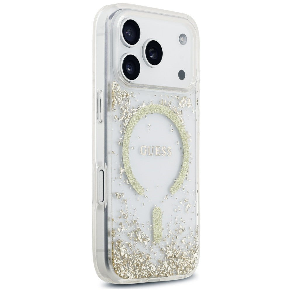 Capa MagSafe para Apple iPhone 18 Pro Max / 17 Pro Max, Guess, Fundo em Resina com Brilhos, Dourada