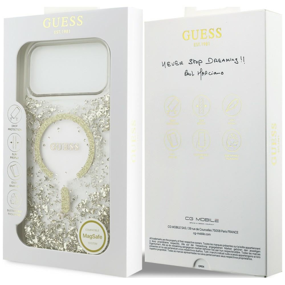 Capa MagSafe para Apple iPhone 18 Pro Max / 17 Pro Max, Guess, Fundo em Resina com Brilhos, Dourada