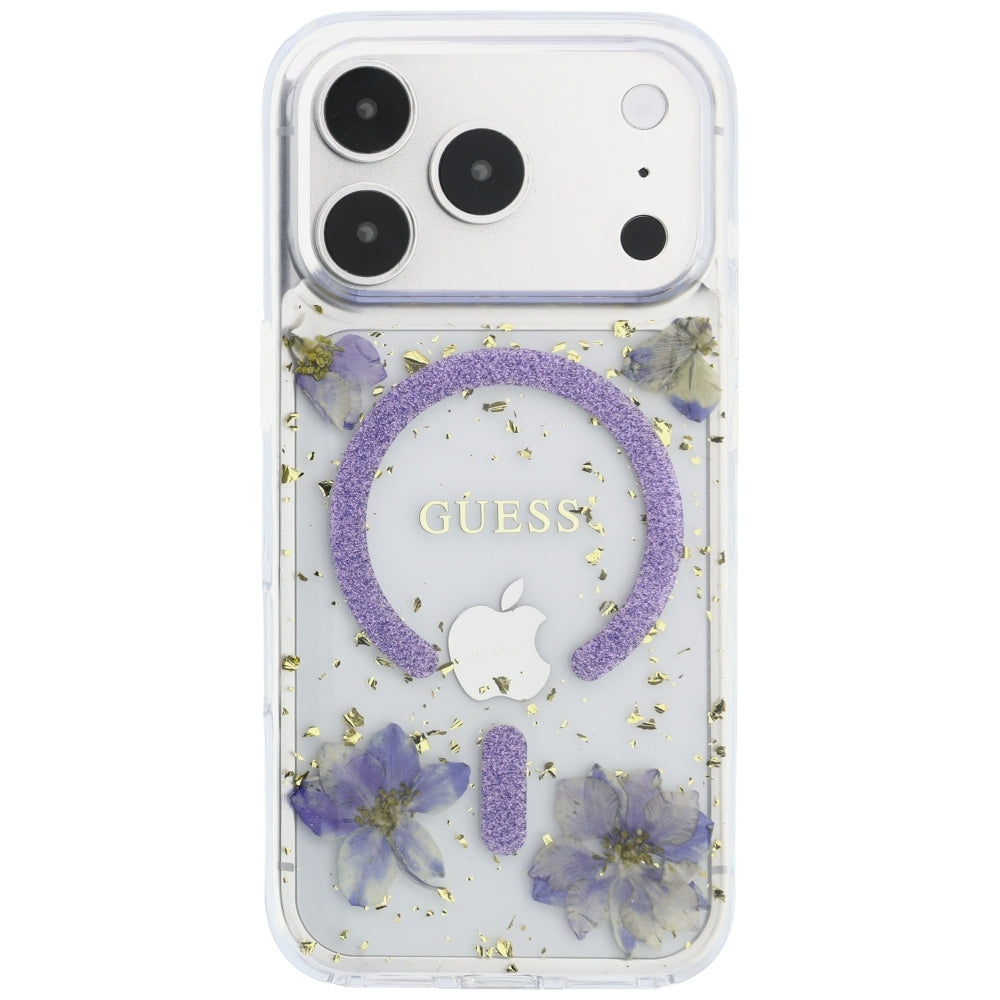 Capa MagSafe para Apple iPhone 18 Pro Max / 17 Pro Max, Guess, Flores de Resina e Glitter, Roxo