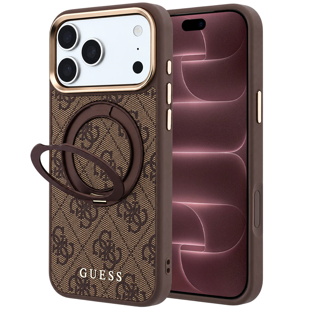 Capa MagSafe para Apple iPhone 18 Pro Max / 17 Pro Max, Guess, Ring Stand 360 4G Classic Logo, Castanha
