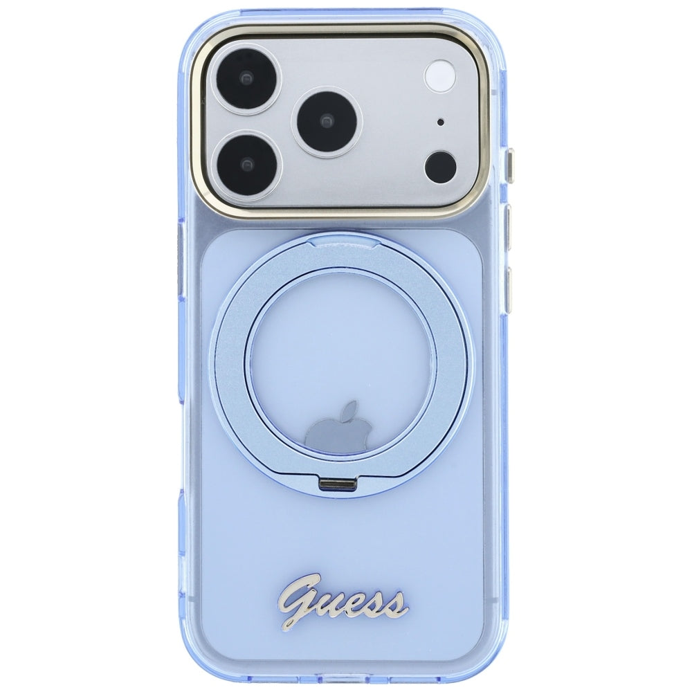Capa MagSafe para Apple iPhone 18 Pro Max / 17 Pro Max, Guess, Suporte de Anel Script Metal Logo, Azul