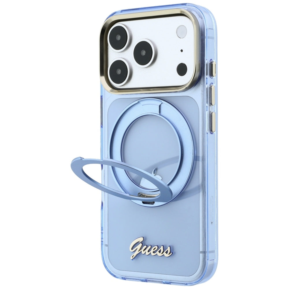 Capa MagSafe para Apple iPhone 18 Pro Max / 17 Pro Max, Guess, Suporte de Anel Script Metal Logo, Azul