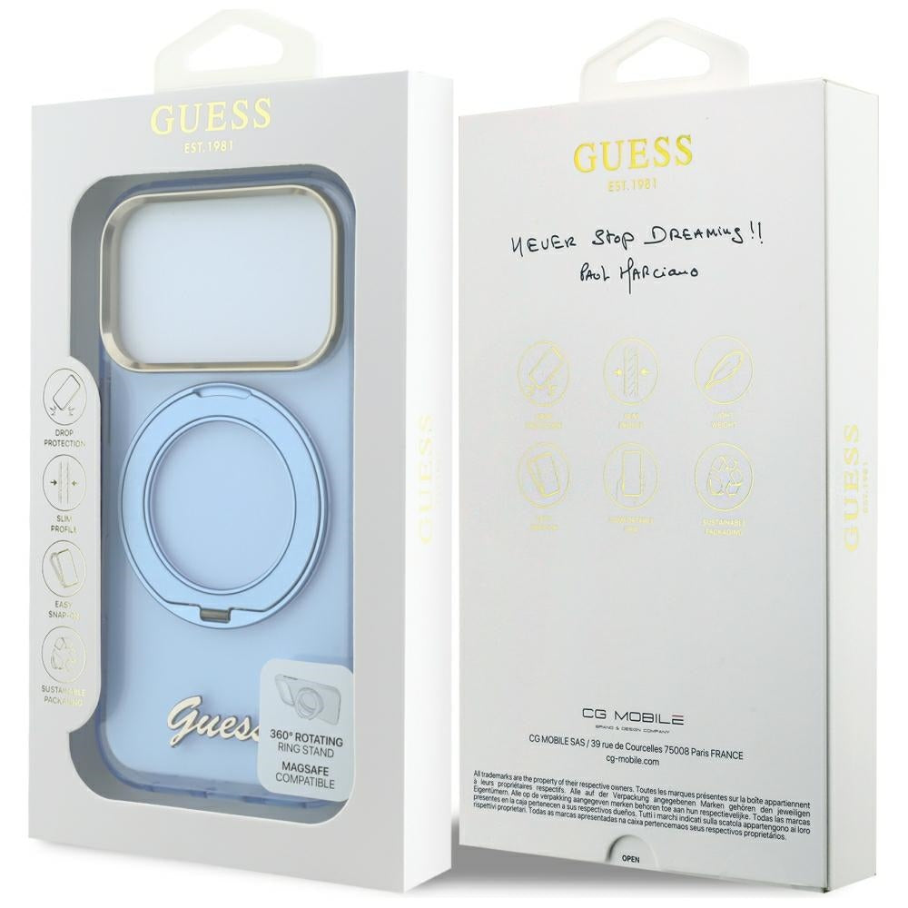 Capa MagSafe para Apple iPhone 18 Pro Max / 17 Pro Max, Guess, Suporte de Anel Script Metal Logo, Azul