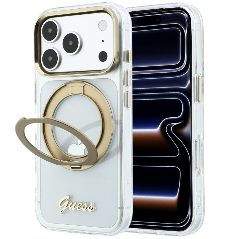 Capa MagSafe para Apple iPhone 18 Pro Max / 17 Pro Max, Guess, Suporte Anelar Script Metal Logo, Transparente
