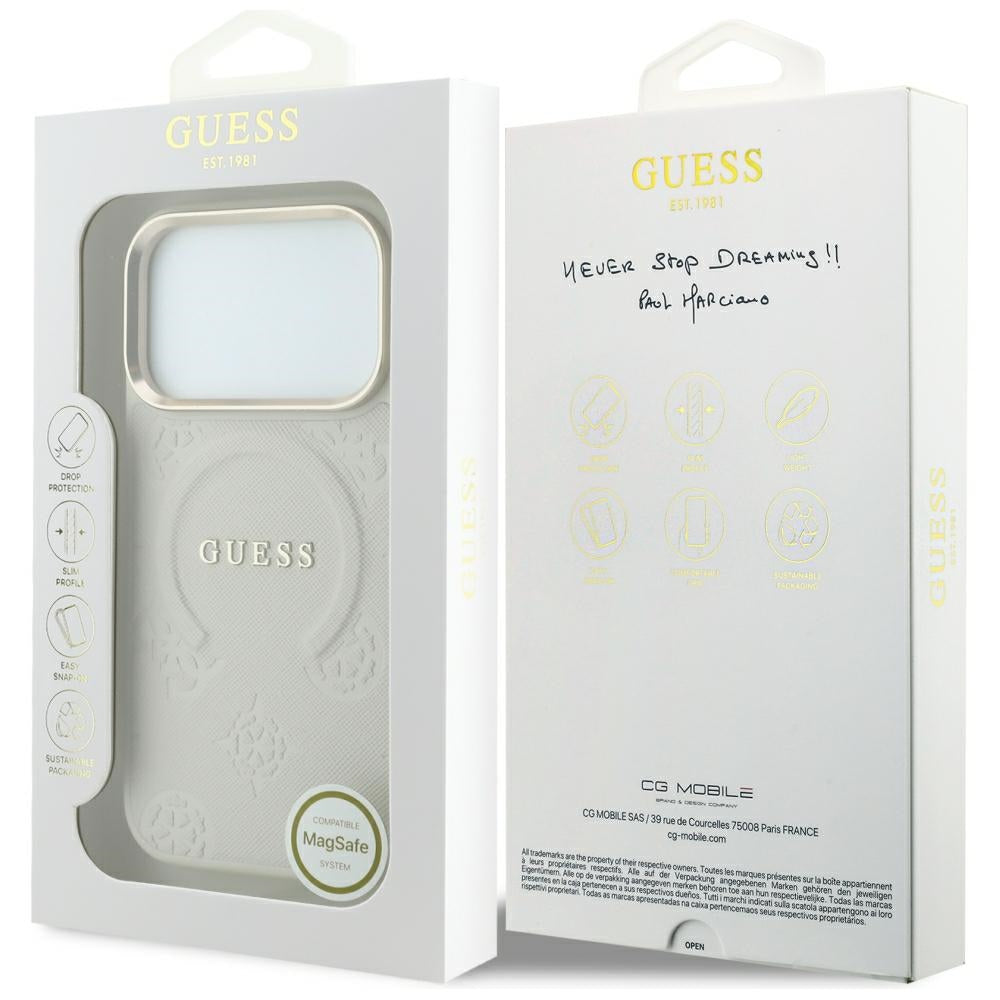 Capa MagSafe para Apple iPhone 18 Pro Max / 17 Pro Max, Guess, Saffiano Peony Hot Stamp, Bege