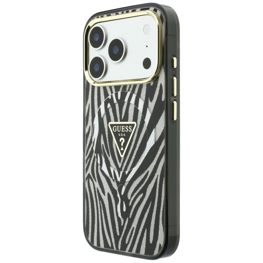 Capa MagSafe para Apple iPhone 18 Pro Max / 17 Pro Max, Guess, Logo Triângulo Glitter Zebra, Prateada