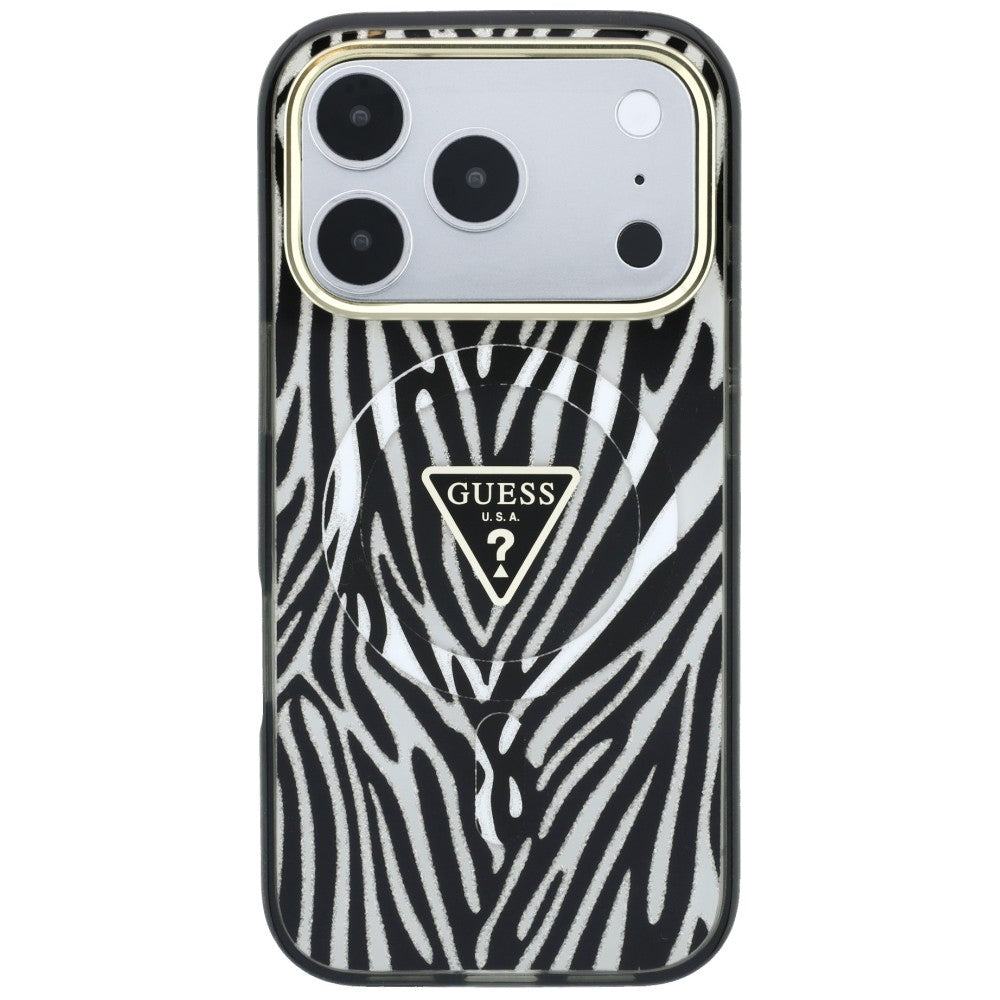 Capa MagSafe para Apple iPhone 18 Pro Max / 17 Pro Max, Guess, Logo Triângulo Glitter Zebra, Prateada