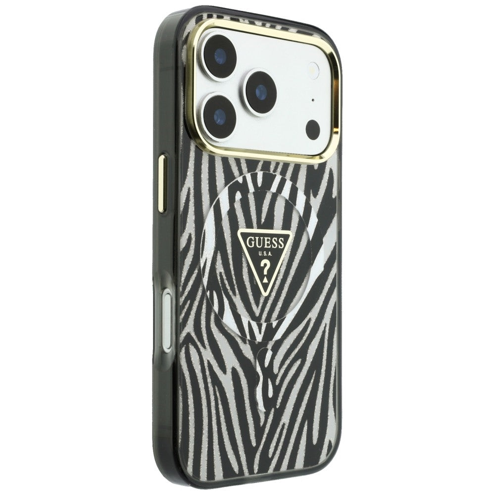 Capa MagSafe para Apple iPhone 18 Pro Max / 17 Pro Max, Guess, Logo Triângulo Glitter Zebra, Prateada