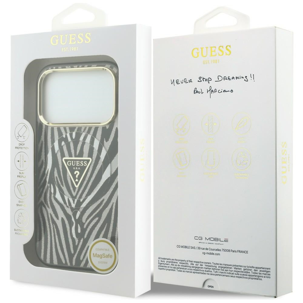 Capa MagSafe para Apple iPhone 18 Pro Max / 17 Pro Max, Guess, Logo Triângulo Glitter Zebra, Prateada