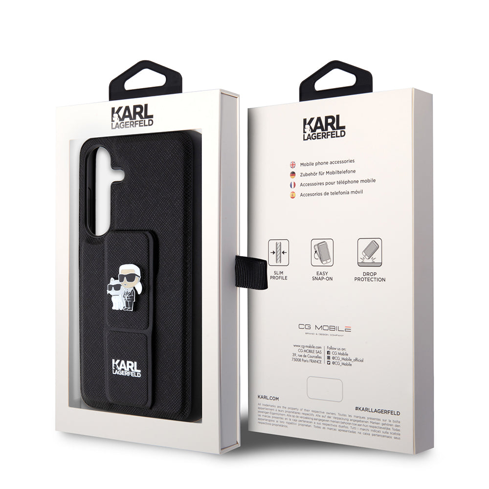 Capa MagSafe para Samsung Galaxy S24 S921, Karl Lagerfeld, Saffiano Gripstand Karl & Choupette, Preta.