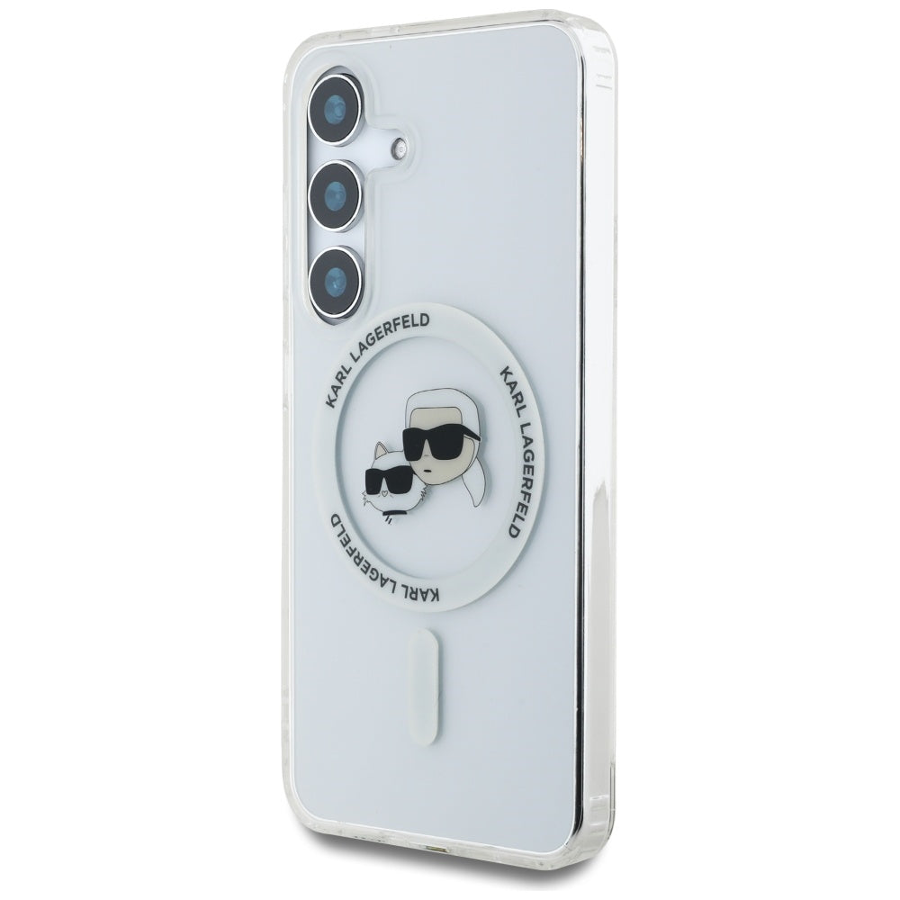 Capa MagSafe para Samsung Galaxy S25+ S936, Karl Lagerfeld, IML Metal Karl & Choupette's Heads, Prateada.