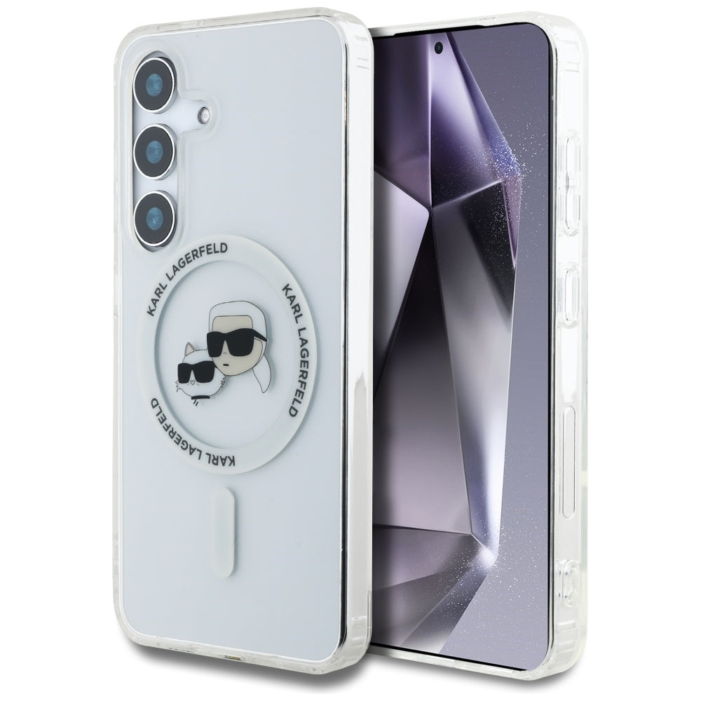 Capa MagSafe para Samsung Galaxy S25 S931, Karl Lagerfeld, IML Metal Karl & Choupette's Heads, Branca.