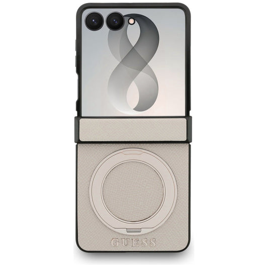 Capa MagSafe para Samsung Galaxy Z Flip8 F776, Guess, Suporte de Anel Logo Clássico Granulado, Bege