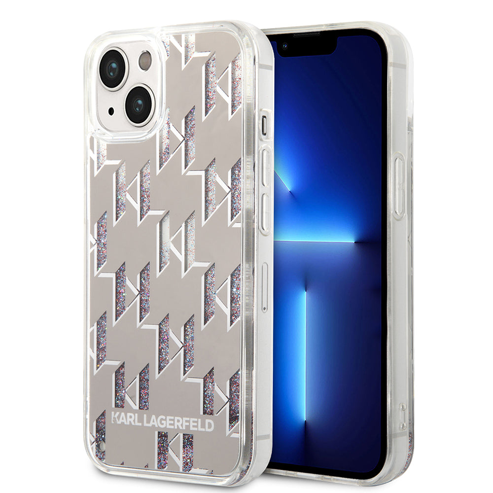 Capa para Apple iPhone 14, Karl Lagerfeld, Monograma de Glitter Líquido, Prateada