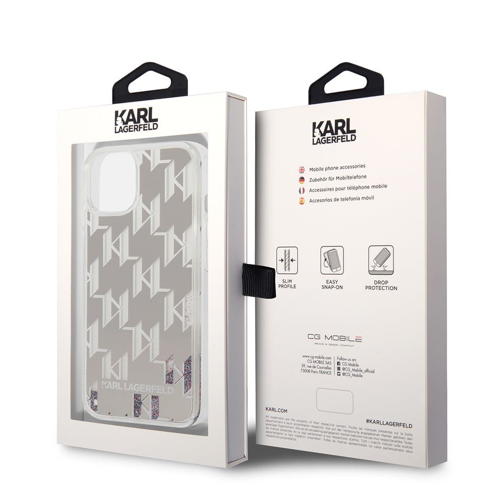 Capa para Apple iPhone 14, Karl Lagerfeld, Monograma de Glitter Líquido, Prateada