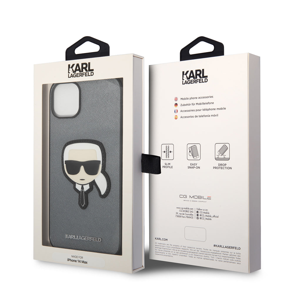 Capa para Apple iPhone 14 Plus, Karl Lagerfeld, Saffiano Karl's Head, Prateada