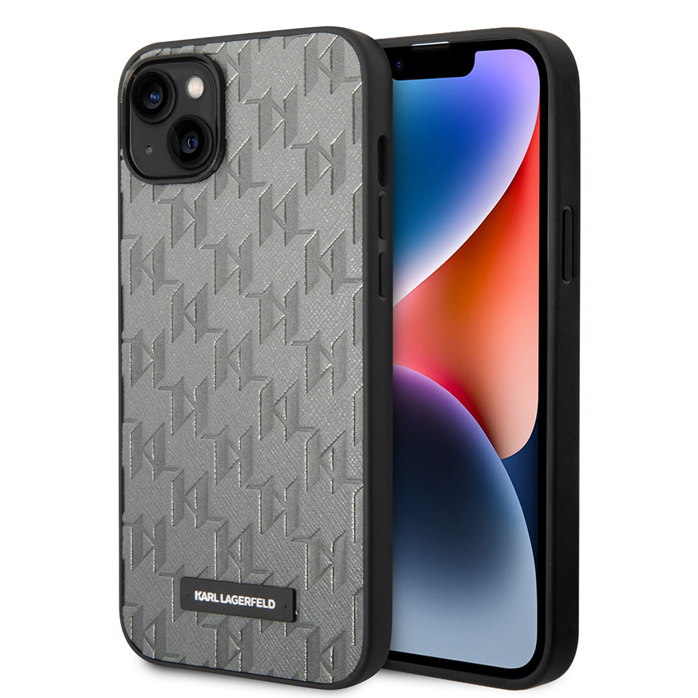 Capa para Apple iPhone 14 Plus, Karl Lagerfeld, Saffiano Monogram Metal Logo, Cinza