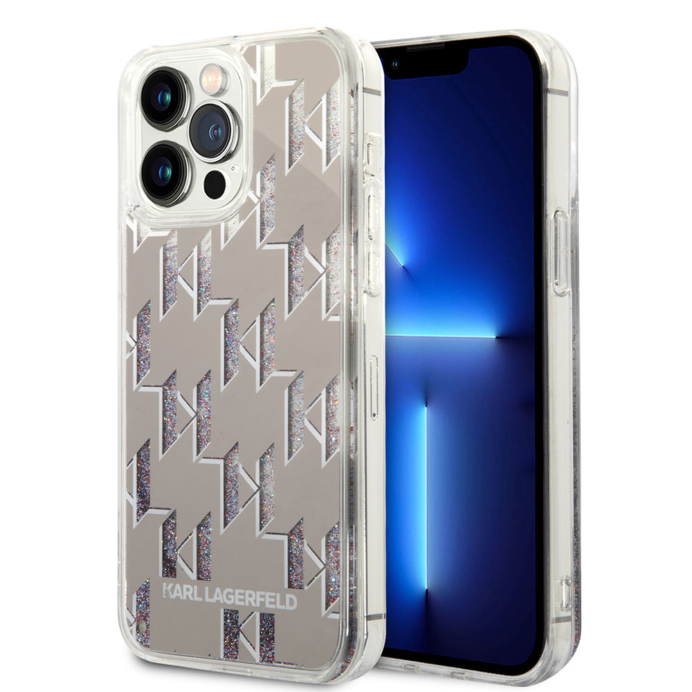 Capa para Apple iPhone 14 Pro Max, Karl Lagerfeld, Liquid Glitter Monogram, Prateada.