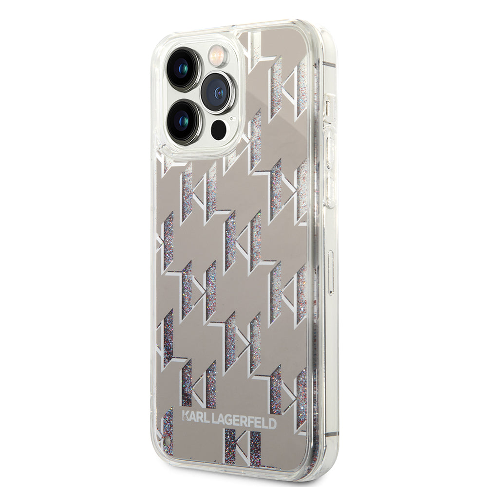 Capa para Apple iPhone 14 Pro Max, Karl Lagerfeld, Liquid Glitter Monogram, Prateada.