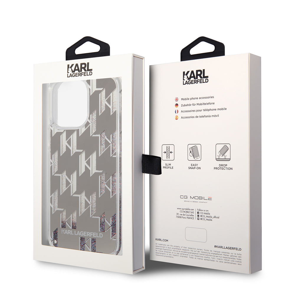 Capa para Apple iPhone 14 Pro Max, Karl Lagerfeld, Liquid Glitter Monogram, Prateada.